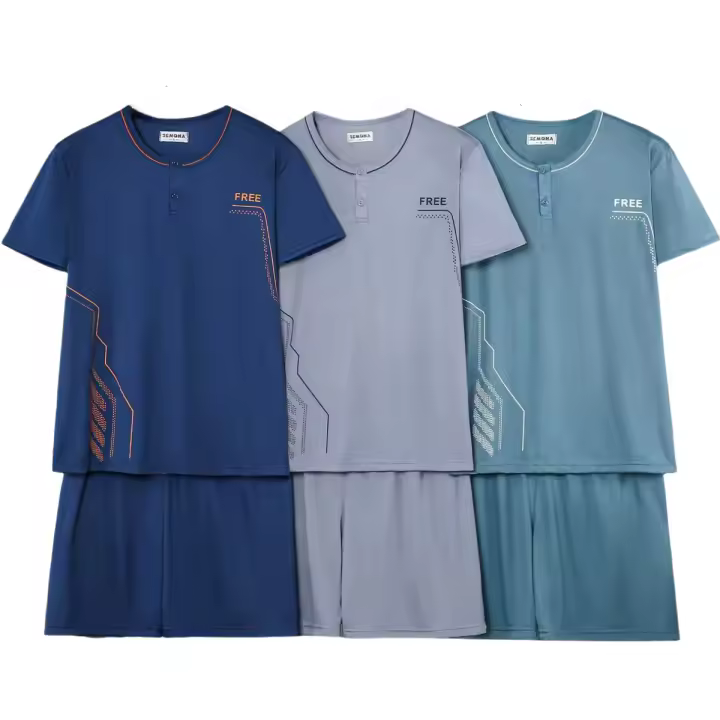 Pijama Hombre - Camiseta Manga Corto de Cuello redondo y botones + Pantalones Corto Detrás con 1 Bolsillo  - 3 Colores - 2 Piezas Ropa de Dormir - Primavera/Verano - 613 - 1