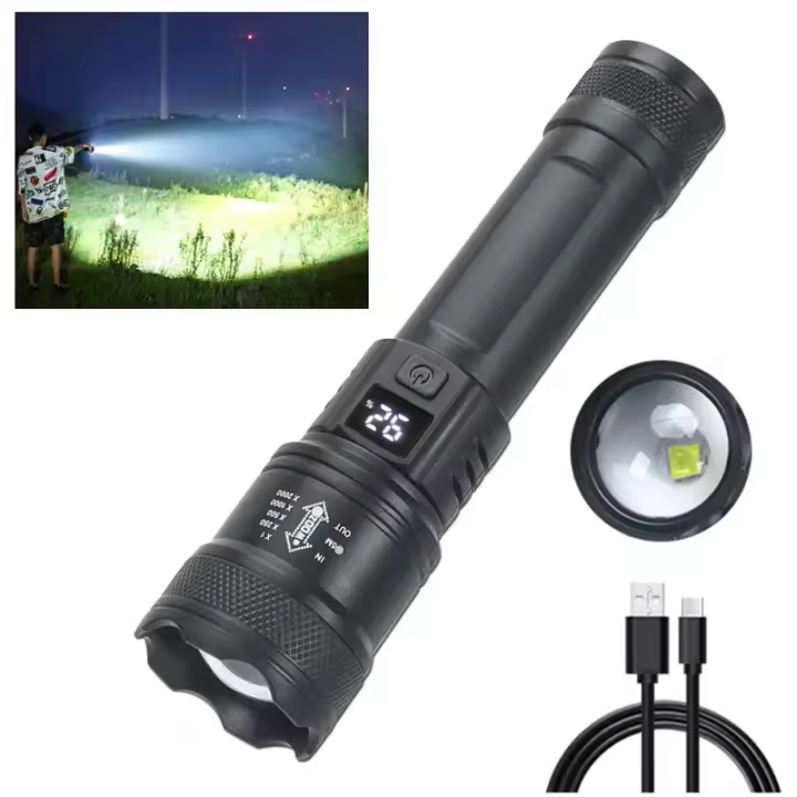 Linterna Táctica LED De Alta Potencia 2000LM Con Pantalla Y Luz USB Para Camping Pesca Emergencia Recargable Ajustable - 1