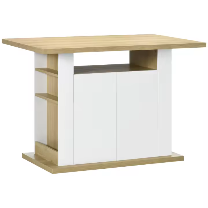 HOMCOM Isla de Cocina, para 4 Personas, Mueble de Cocina Multifuncional, Mesa de Comedor con 4 Puertas, Compartimentos Abiertos, Estante Ajustable, 110x70x75,5 cm, Roble y Blanco - 1