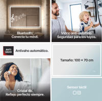 Espejo Baño LED 100x70 cm Rectangular TLuna100+ , Altavoz Bluetooth Integrado, Antivaho Automatico, Luz Regulable, Cambio de Color, Interruptor Táctil, Impermeable IP44, UBUD - details 1