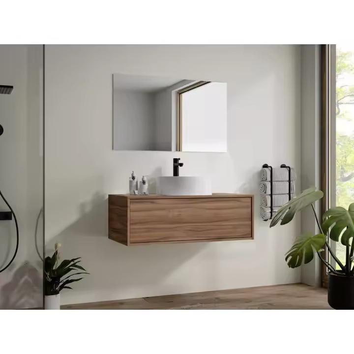 Vente-unique - Mueble de baño flotante color natural oscuro con lavabo redondo - 94 cm - TEANA II - 1