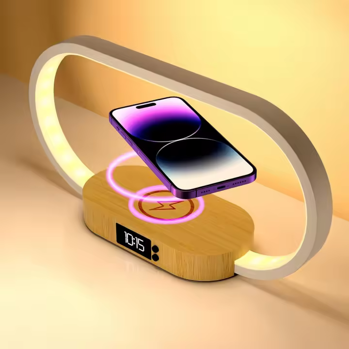 Led De Mesita De Noche Con Cargador Inalambrico, Lámpara De Dormitorio Con Reloj, Táctil Regulable, Decoración De Madera, Atenuación Continua - 1