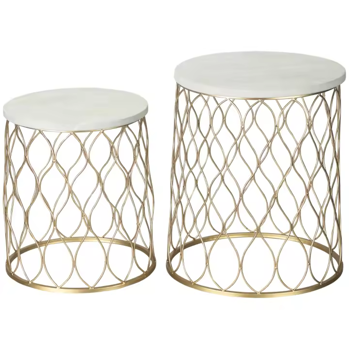 Outsunny Juego de 2 Mesas de Jardín Mesas Auxiliares Mesas de Centro Cesta de Alambre Retro Cesta de Metal Juego de Mesa de Jardín Muebles de Jardín Balcón Exterior Acero Dorado + Blanco Diámetro 41 x 46 cm - 1