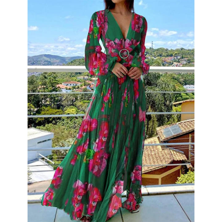 Vestido largo bohemio vintage con estampado floral, elegante, con mangas flotantes, cuello en V, corte casual ajustado con abertura para mujer, talla grande, primavera