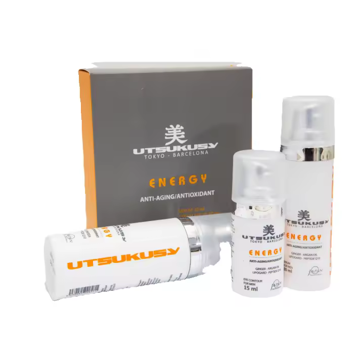 Kit Energy Tratamiento Anti - Edad de Utsukusy. La línea revitalizante para el hombre moderno. Utsukusy Energy es una gama de productos cosméticos diseñada específicamente para satisfacer las necesidades de la piel masculina. - 1