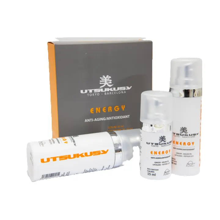 Kit Energy Tratamiento Anti - Edad de Utsukusy. La línea revitalizante para el hombre moderno. Utsukusy Energy es una gama de productos cosméticos diseñada específicamente para satisfacer las necesidades de la piel masculina. - 1
