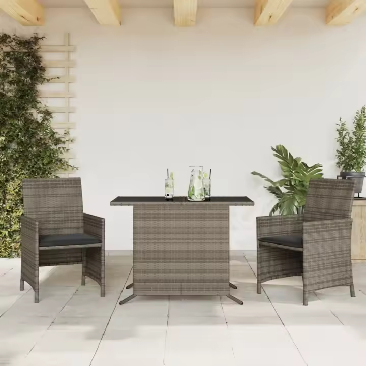 vidaXL Sillas y mesita de jardín con cojines 3 piezas ratán PE gris - 1