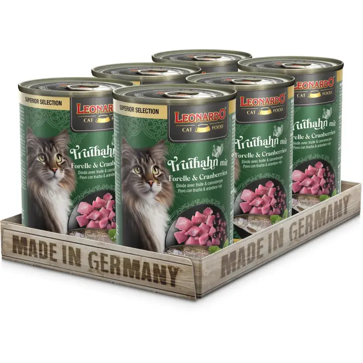Leonardo Super Selection Pavo con trucha y arandanos rojos comida humeda en lata para gatos adultos - 1