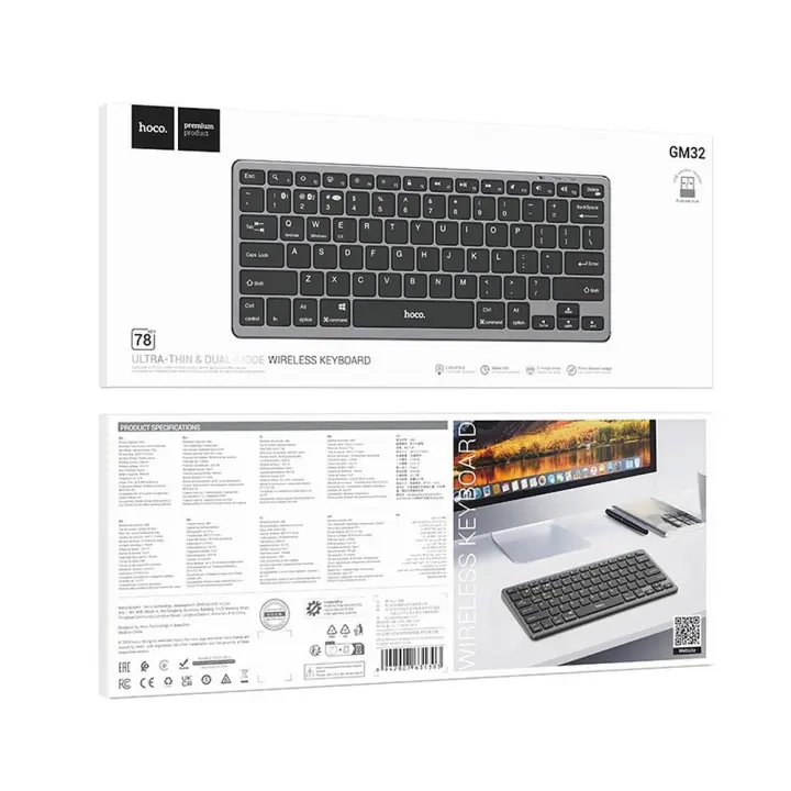 Teclado inalámbrico HOCO GM32 con conexión 2.4 GHz + Bluetooth 5.0. Compatible con PCs, portátiles, móviles, tablets y Smart TVs. Batería de 180 mAh para hasta 50 horas de uso. Diseño compacto con 78 teclas. Material ABS, tamaño: 283x121x13 mm, peso:275 g - 1
