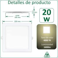 VZLED - Pack 2-5-10 downlight LED 20W empotrar cuadrado, Plafón techo led cuadrado, Plafón cocina LED, Lámpara techo, tono luz blanca 4000K y luz blanca fría 6500K - details 0