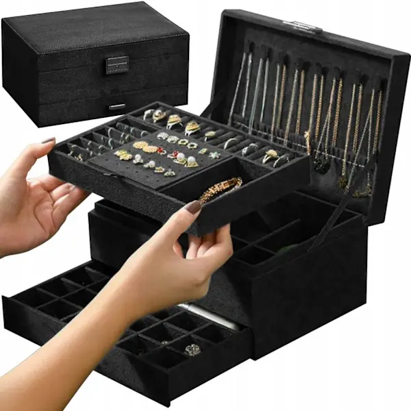 Black Jewelry Box with Key Lock and Multiple Compartments Black - 1