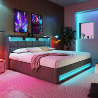 Cama tapizada con USB 140x200 cm, Cama Doble LED, somier de metal, somier de Material de Lino Cama Juvenil (sin colchón) - details 5