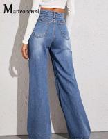 Nuevos Jeans Rectos De Cintura Alta Para Mujer 2024 Moda Casual Melenas Amarradas Pantalones Anchos De Pierna Estilo Oficina Talla Estándar Todo El Año - details 4