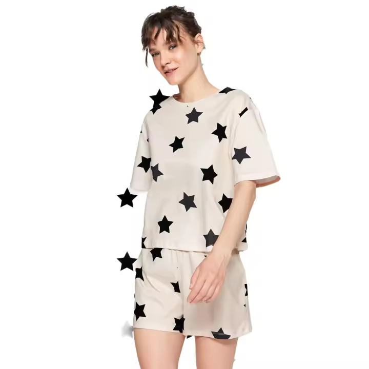 Trendyol Light Pink 100% Cotton Star Patterned Shorts Knitted Pajama Set Thmss22Pt0501 - 1