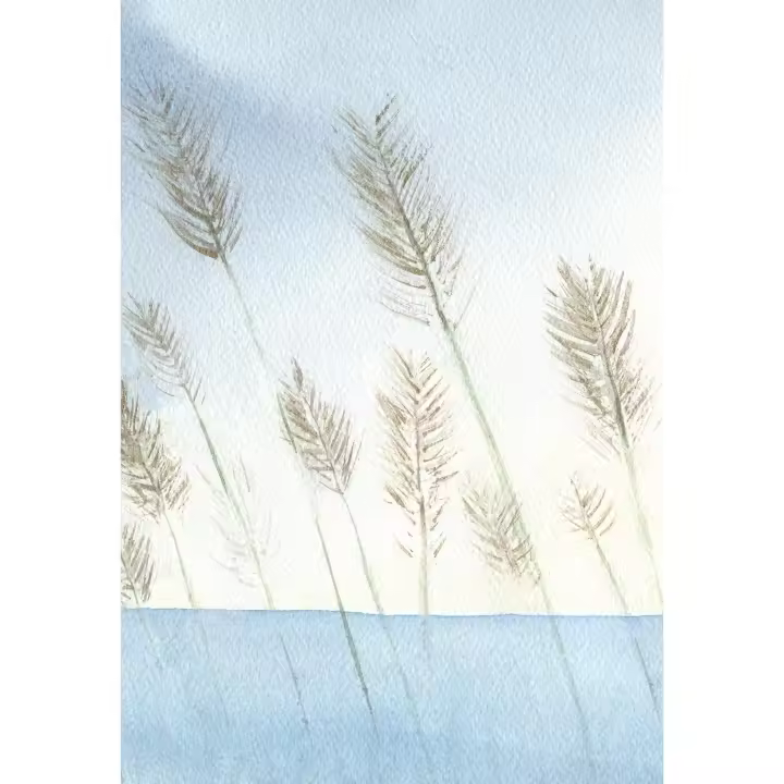Cuadro "ORO AL VIENTO" Acuarela  Impreso en lienzo Alta Calidad Arte contemporáneo Natural marina con espigas juncos Dormitorios salón casa de campo o playa estudio yoga Paz Simplicidad contemplativa agua azul serenidad Paisaje etéreo Ref ANA DURAN A 063 - 1