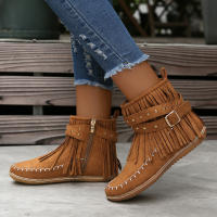 Botines De Otoño Para Mujer Zapatos Planos Botas De Tobillo Retro En Cuero Suelto Con Borlas Punta Redonda Suave Casual - details 20