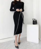 Vestido Bandage Tejido Vintage Para Mujer Con Rayas Slim De Manga Larga Estilo Elegante Para Oficina Vestido Irregular De Cuello Alto Casual De Otoño - details 6