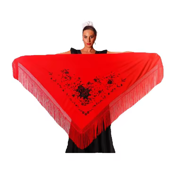 Mantón GRANDE de mujer color cuerpo y flecos rojos con bordado negro de flores Medida (190x90cm) - 1