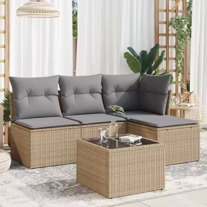 vidaXL Juego de sofás jardín con cojines 5 pzas ratán sintético beige - 1
