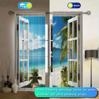 2pcs Cortina De Ventana Con Estampado De Paisaje De Playa Para Decoración Del Hogar Tratamiento De Ventana Para Dormitorio Oficina Cocina Sala De Estar Y Estudio 100% Poliéster - details 2