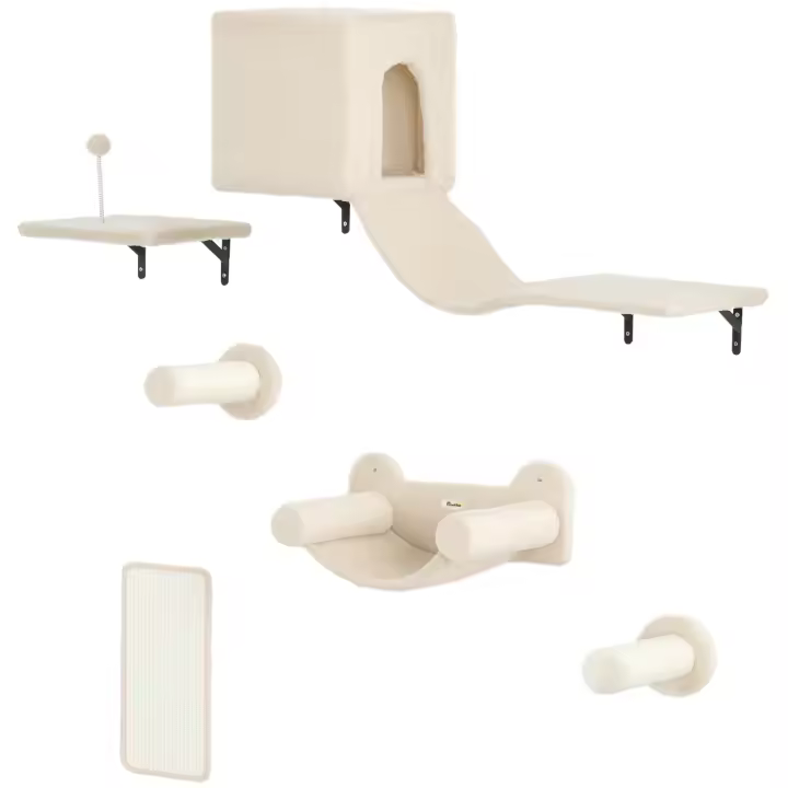 PawHut Juego de Pared de Escalada para Gatos de 6 Piezas Estanterías para Gatos con Condominio Plataforma Hamaca Escaleras Percha Tabla Rascador Poste de Sisal Bola de Juguete Beige - 1