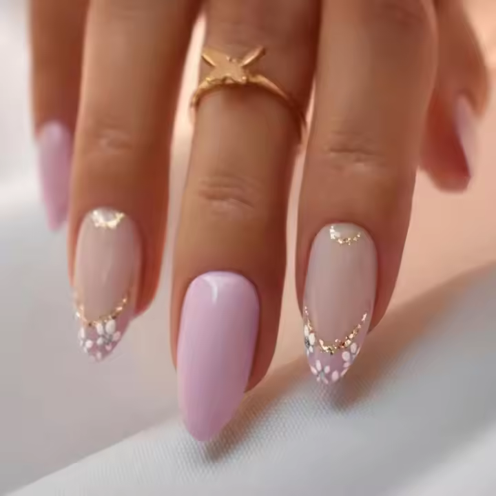 24pcs Uñas Postizas De Acrílico Almendra Y Púrpura Con Diseño De Flor Blanca Falsas Uñas De Cubierta Completa Resistente Al Agua Removible Para Mujeres Y Niñas - 1