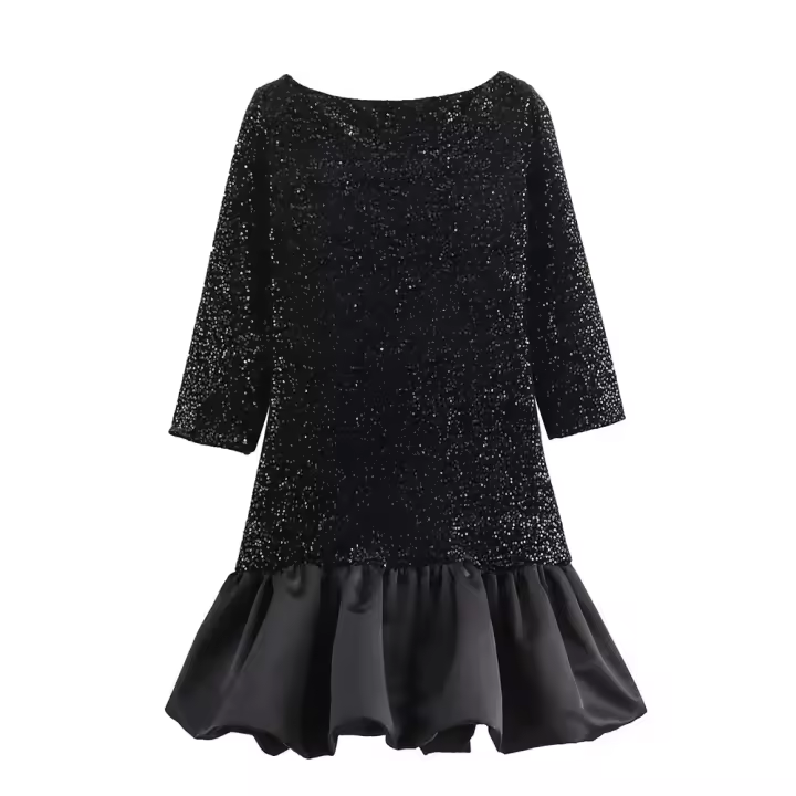 Vestido Mini De Mujer ZATT 2024 Otoño Elegante Sin Espalda Diseño De Lentejuelas Splicing Satén Silken Mangas Medio Cuello Redondo Cierre Por Encima - 1