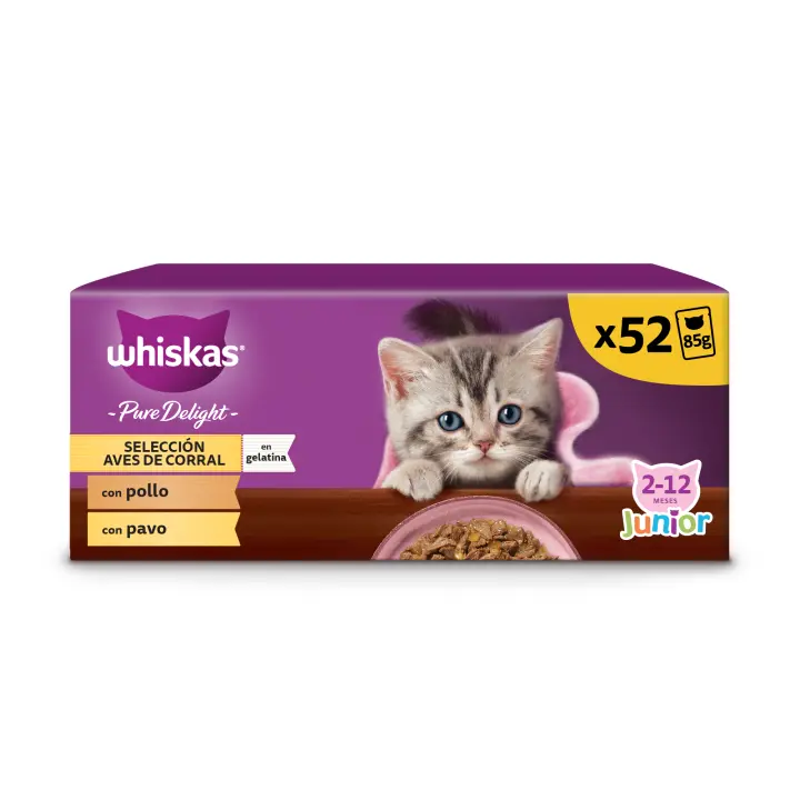 Whiskas Pure Delight, Comida Húmeda para Gatos Junior, Selección Aves en Gelatina, 13 x 4 Bolsitas x 85g - 1