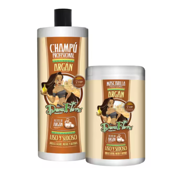 Dona Flora - Champú y Mascarilla de pelo 1000ml Liso y sedoso con Argán - Hidratación Intensa - Suavidad y Brillo Natural - Fortalece y Mejora Elasticidad del Cabello - 1