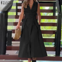 Vestido Midi Elegante ZANZEA Para Mujer Estilo Trabajo OL Verano Vuelta En El Cuello Sin Mangas Silueta A-Line Oficina Casual Longitud Media Pierna - details 6