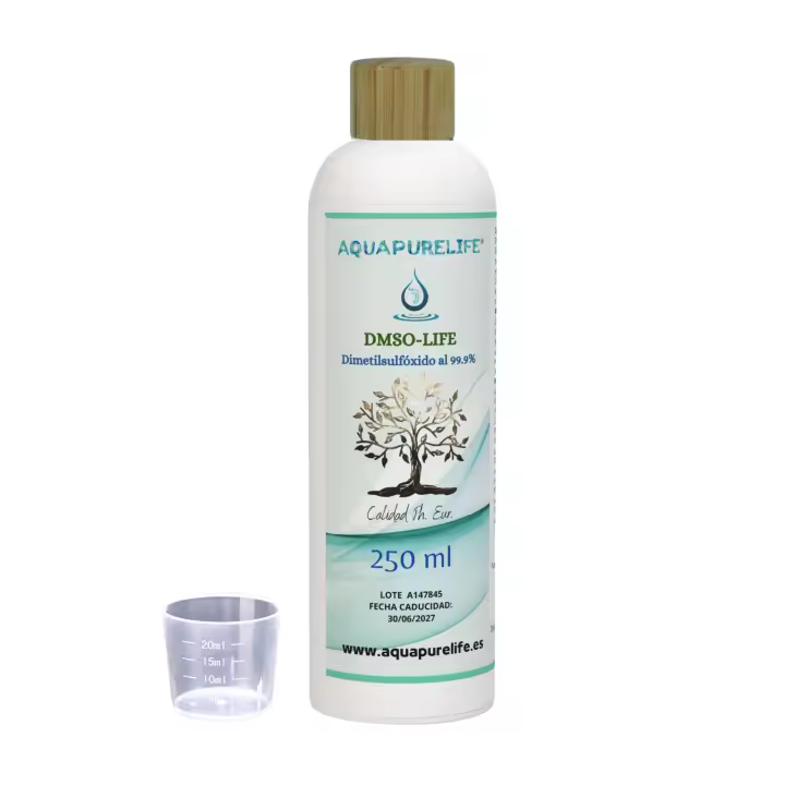 AQUAPURELIFE® DMSO al 99,9% - Botella plastico especial HDPE 250 mililitros - Dimetilsulfóxido Ph EUR - Incluye vasito medidor 20ml - 100% natural - 1