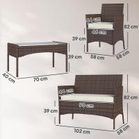 Outsunny Conjunto Jardín Exterior de Ratán con Cojines Conjunto Terraza Resistente a la Intemperie Muebles Jardín Exterior con 2 Sillones Sofá de 2 Plazas Mesa con Cristal Marrón - details 2