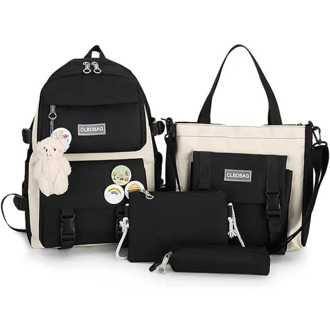 Juego de 4 bolsas escolares Kawaii, mochilas para niñas adolescentes, mochila estética con accesorios, Black - 1