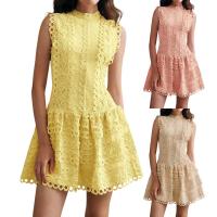 Vestido Mini De Encaje Con Agujeros Huecos Para Mujer Cuello Erguido Sin Mangas Cintura Alta Spliced Botones Estilo Vintage - details 0