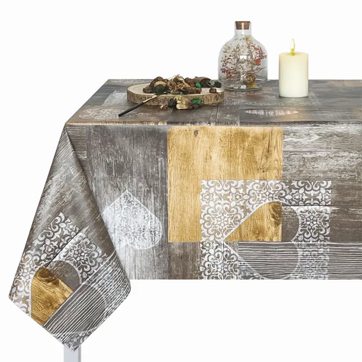 Mantel PVC, Mantel de hule, Tapete de cocina, Impermeable, Para mesa rectangular, Fácil de limpiar, Nogal europeo, Madera, Corazón, Cookies, Marrón, Gris claro - 1