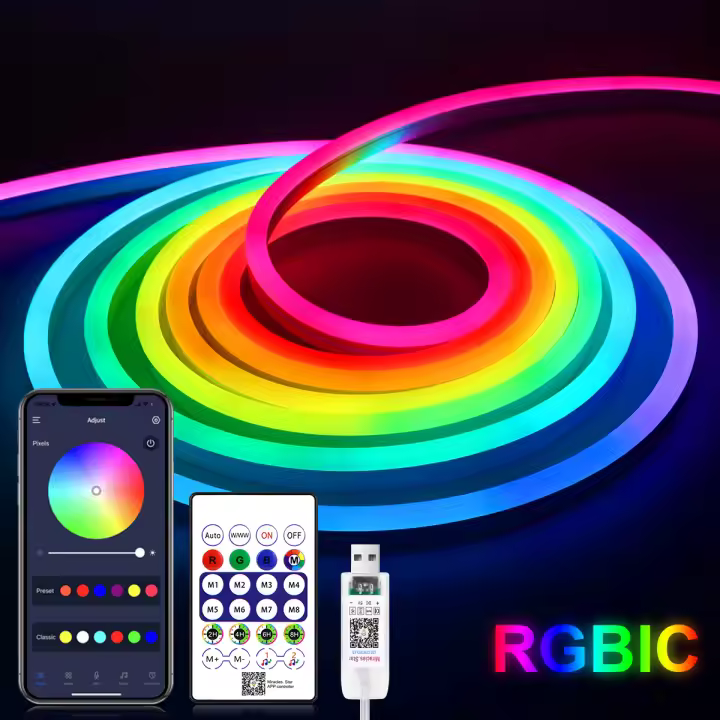 Tira De Luces LED Neón RGBIC 5V Bluetooth Impermeable Para Decoración De Habitaciones Paredes Gabinetes Luz De Fairy Para Iluminación - 1