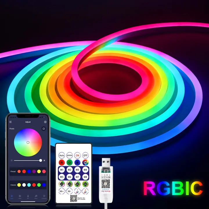 Tira De Luces LED Neón RGBIC 5V Bluetooth Impermeable Para Decoración De Habitaciones Paredes Armarios Luz Fairy Para Iluminación - 1