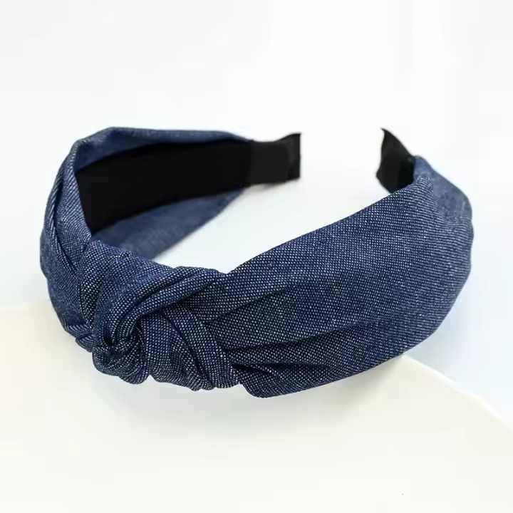 Diadema de tela vaquera para mujer, 5704-01banda para el pelo con nudo medio, Diadema de mezclilla para mujer, diadema informal, azul y negro, diadema con nudo central, turbante clásico, accesorios para el cabello para adultos. - 1