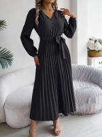 Vestido Elegante De Mujer Con Botones Y Cuello En V Manga Larga Plegado Con Cierre De Lazo Estilo Casual A-Line Para Primavera/Otoño - details 26