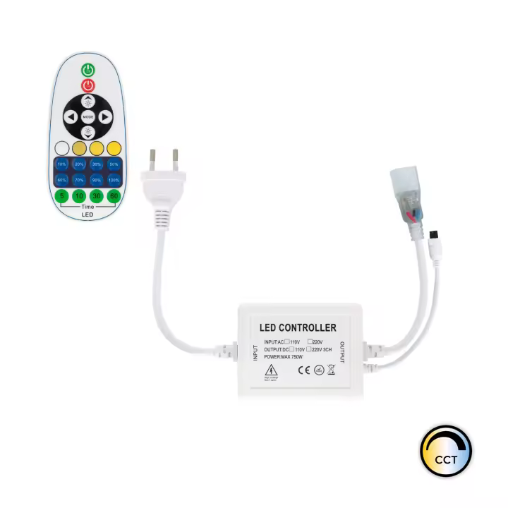 Ledkia Controlador Tira LED CCT 220V AC 220 LED/m IP67 Ancho 15mm Corte cada 100 cm con Control Remoto IR 23 Botones Blanco - 1