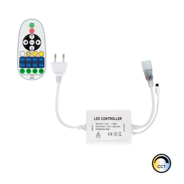 Ledkia Controlador Tira LED CCT 220V AC 220 LED/m IP67 Ancho 15mm Corte cada 100 cm con Control Remoto IR 23 Botones Blanco - 1