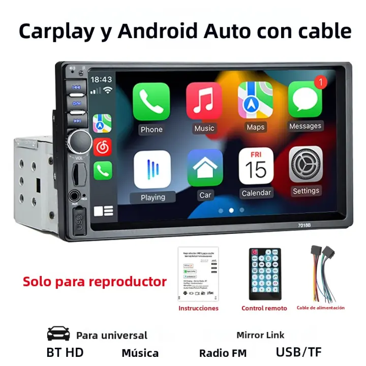 Reproductor Multimedia Para Coche HIPPBQCC 7' 1 Din Carplay Android Auto Pantalla Táctil HD FM AUX Entrada Bluetooth MirrorLink Universal - 1