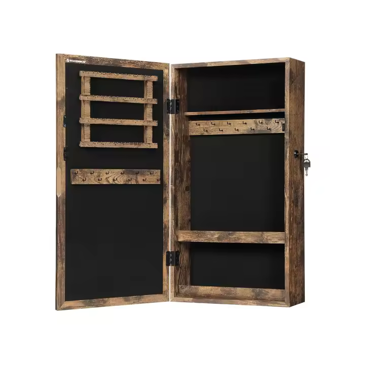 SONGMICS Armario Joyero de Pared, Armario de Joyas con Espejo, Organizador de Joyas para Ahorrar Espacio, Superficie Blanca y Forro Greige/Negro/Superficie Marrón Rústico y Forro Negro - 1