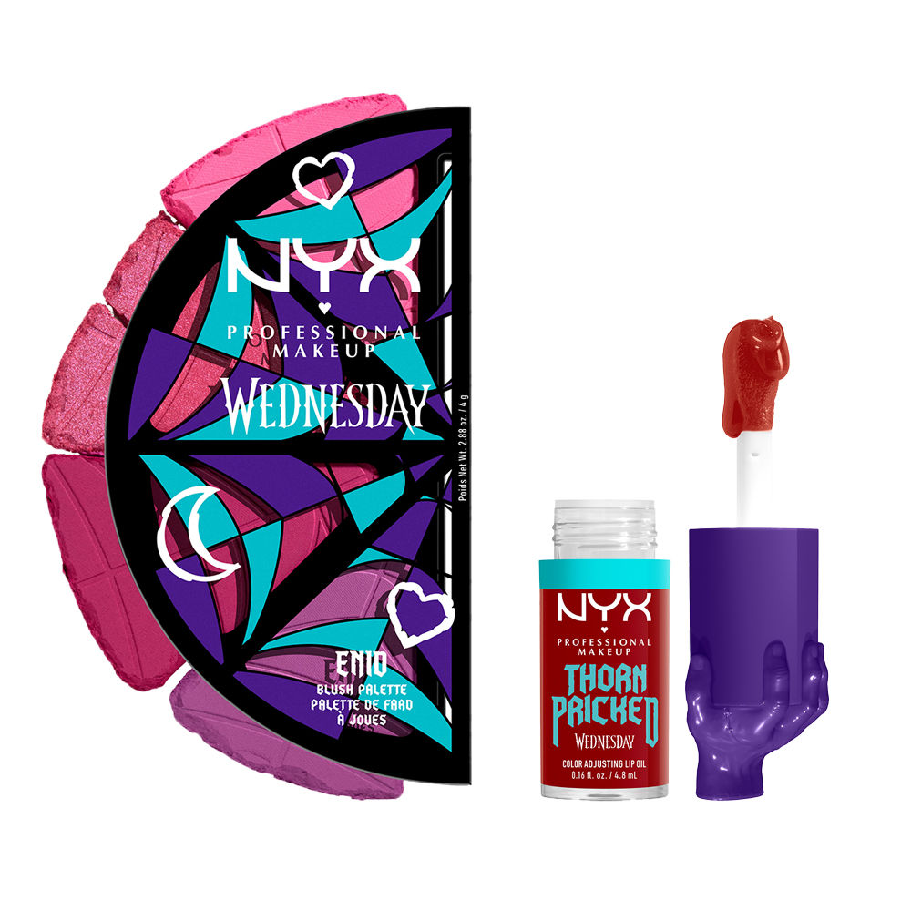 NYX Professional Makeup | Paleta de coloretes colección Wednesday + Lip Gloss Wednesday Fat Oil, cambia de color con una hidratración Heavy.