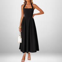 Vestido Largo Para Mujer Verano 2025 Elegante De Color Sólido Cuello Cuadrado Sin Mangas Cintura Ajustada Vestido De Noche Largo Espalda Descubierta Slim Fit Polyester - details 1
