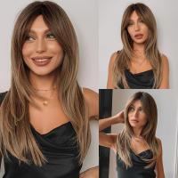 Pelucas Sintéticas De Encaje ALAN EATON Para Mujeres Rubia Con Mechas Marrón Y Corte Con Franja Peluca Larga Recta Ombre Heat Resistant - details 16