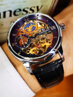Reloj Mecánico Forsining De Lujo Con Esqueleto Y Tourbillon Para Hombres Con Correa De Cuero Genuino Zona Horaria Dual Fase De La Luna Resistente Al Agua Y Shock - details 13