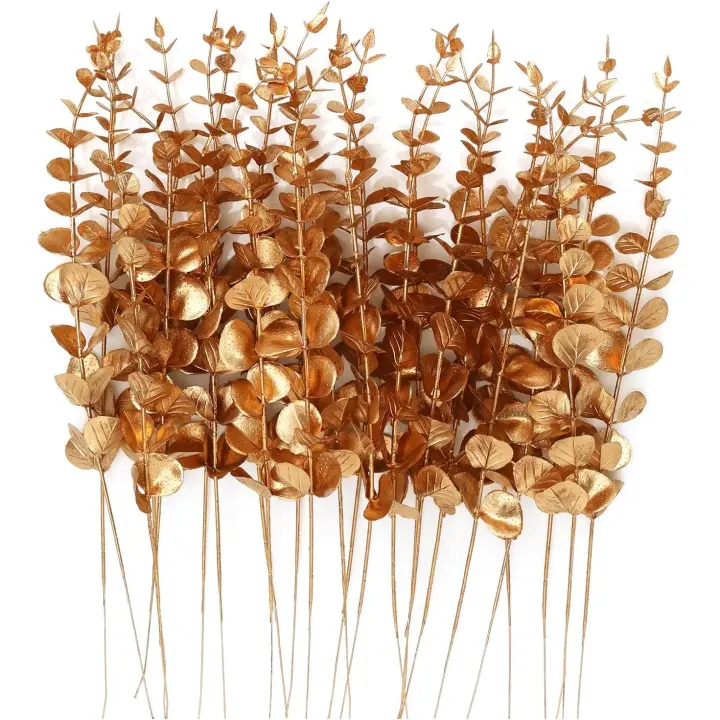 24 Tallos de eucalipto Dorados Artificiales, decoración de Ramas de eucalipto de 14 pulgadas para jarrón - 1