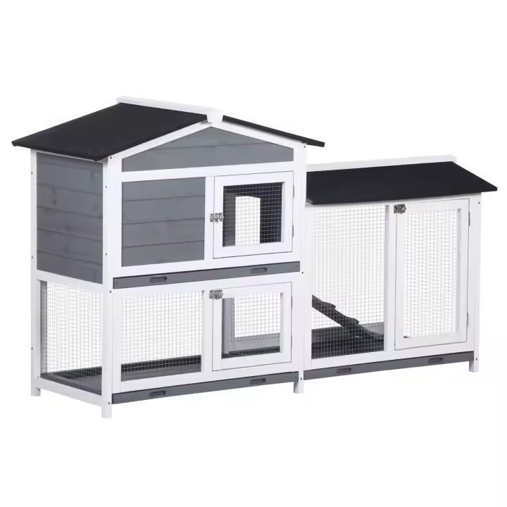PawHut Conejera de Madera Exterior Jaula para Conejos de 2 Niveles con Techo Asfáltico 2 Corrales de Metal Bandeja Extraíble 2 Puertas y Rampa 157,4x53x93,5 cm Gris - 1