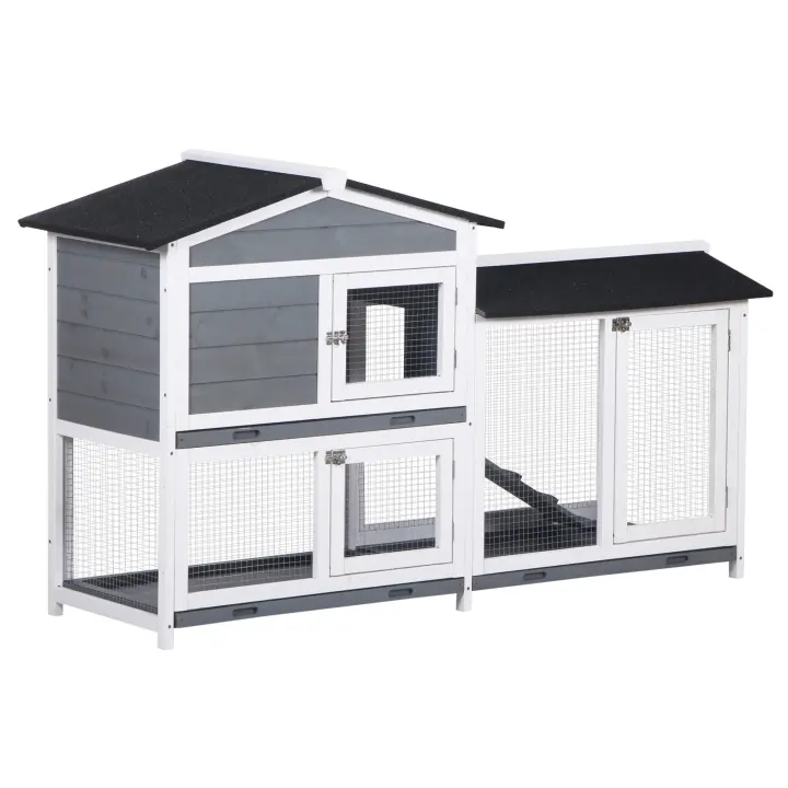 PawHut Conejera de Madera Exterior Jaula para Conejos de 2 Niveles con Techo Asfáltico 2 Corrales de Metal Bandeja Extraíble 2 Puertas y Rampa 157,4x53x93,5 cm Gris - 1